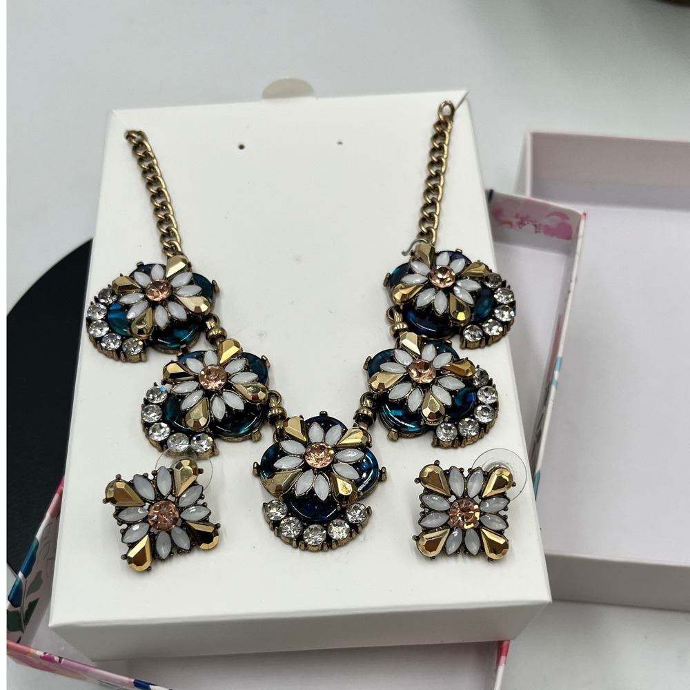 Faux Opal Crystal Blue Gold Rhinestone Necklace Earring Jewelry set In Box
